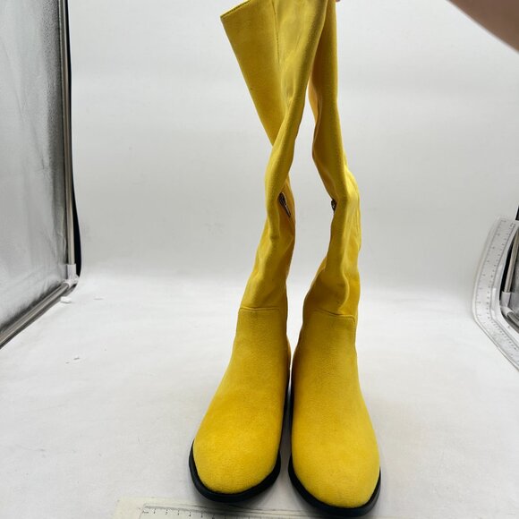 Yellow Suede Pointed Toe Thigh High Block Low Heels Side Zip Over The Knee Boots - Picture 1 of 8